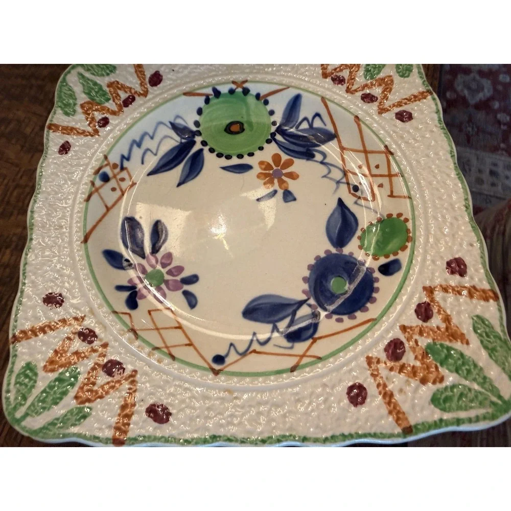 Vintage Hand Painted Floral Plate Square Scalloped England Art Deco Multicolor